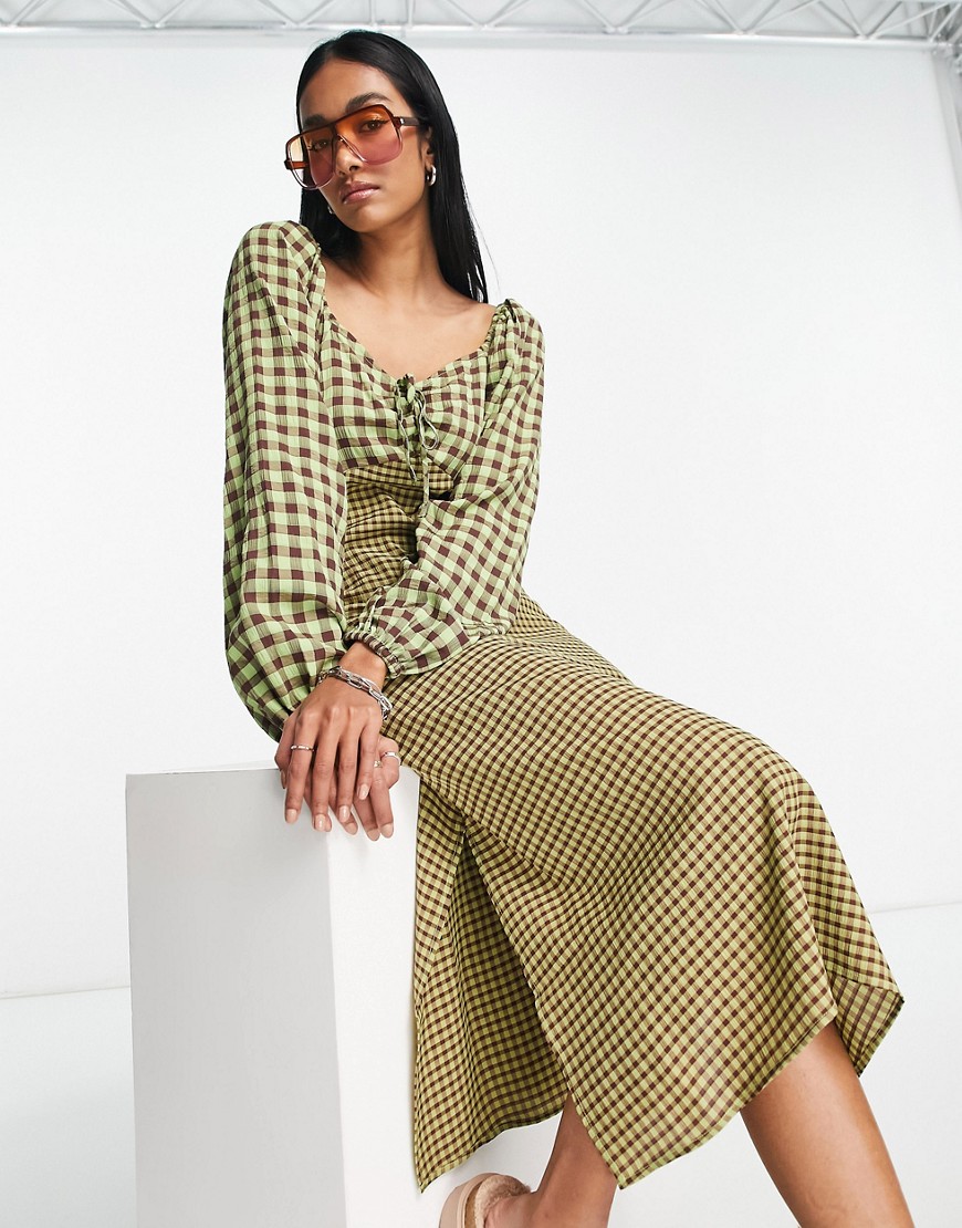 Y. A.S sweetheart neck midi dress in brown & yellow check-Multi