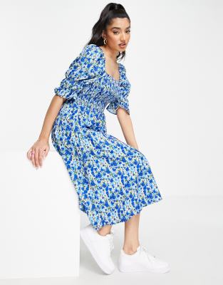 Y.A.S Syrine shirred midi dress in blue floral