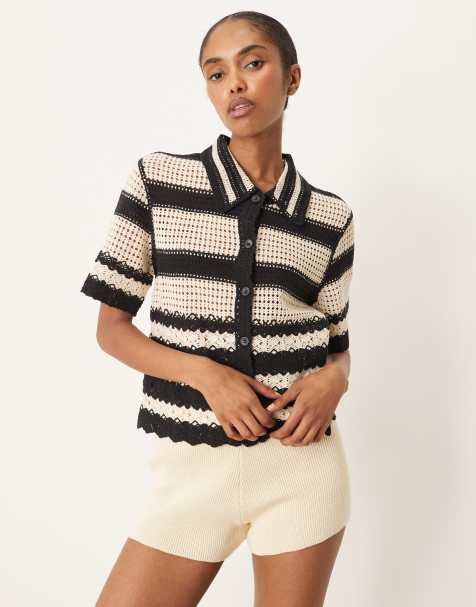 YAS crochet stripe short sleeve cardigan in black and cream