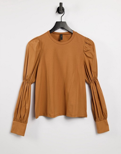Y.A.S sweat with shirred sleeves and cuff details in camel