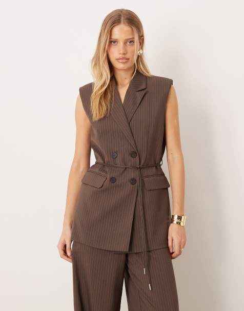 YAS tailored belted vest in chocolate brown pinstripe - part of a set - view 1