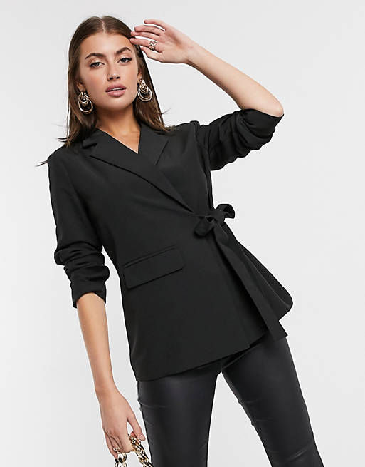 Women YAS tailored blazer with tie side in black 