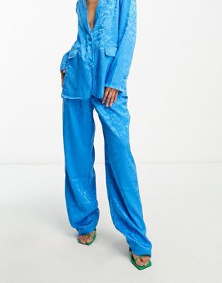 Y.A.S tailored devore satin co-ord trousers in blue