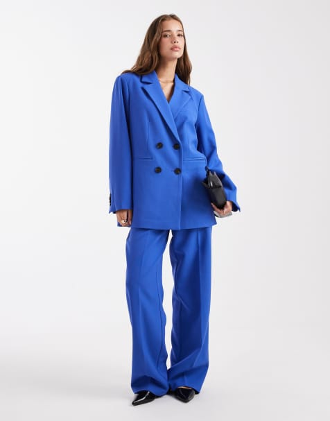 YAS tailored double breasted blazer and wide leg pants set in dark blue - view 1