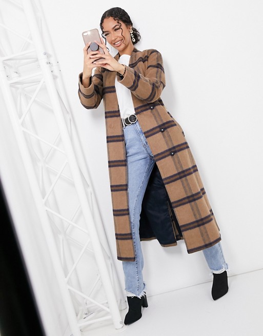 Y.A.S tailored longline checked coat with tie waist in camel