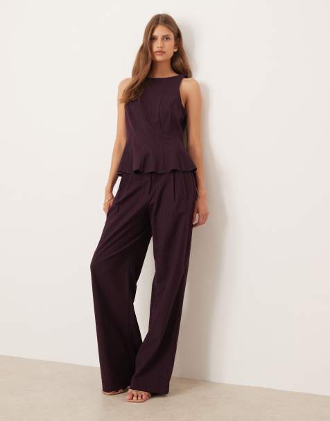 YAS tailored peplum hem top and wide leg pants set in burgundy pinstripe - view 1