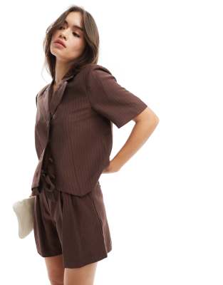 tailored pinstripe short sleeve blazer in brown - part of a set