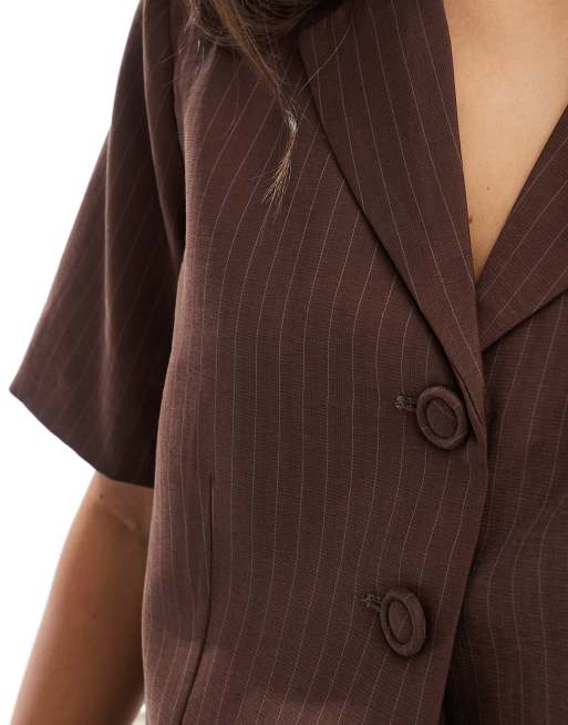 Y.A.S tailored pinstripe short sleeve blazer in brown - part