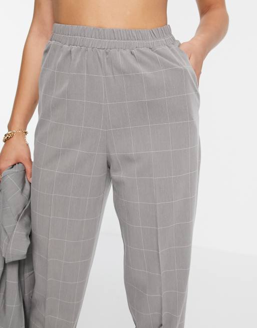 Y.A.S tailored straight leg trousers with elasticated waist and turn up hem  in grey check