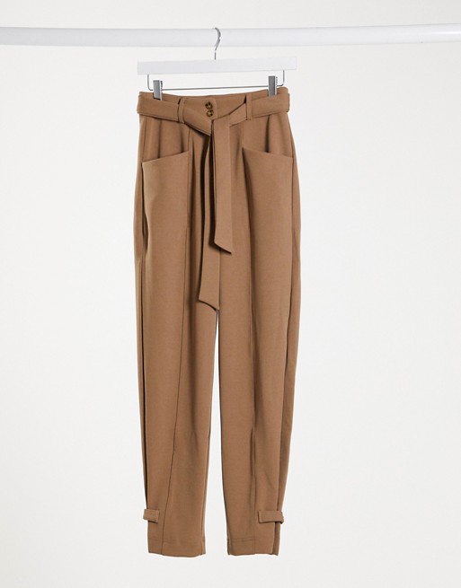 Y.A.S tailored trouser with tie belt in brown