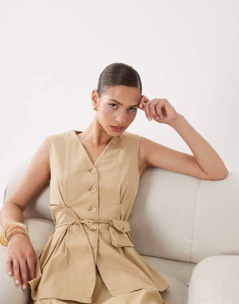 YAS tailored waistcoat co-ord with tie purse detail in camel - view 1