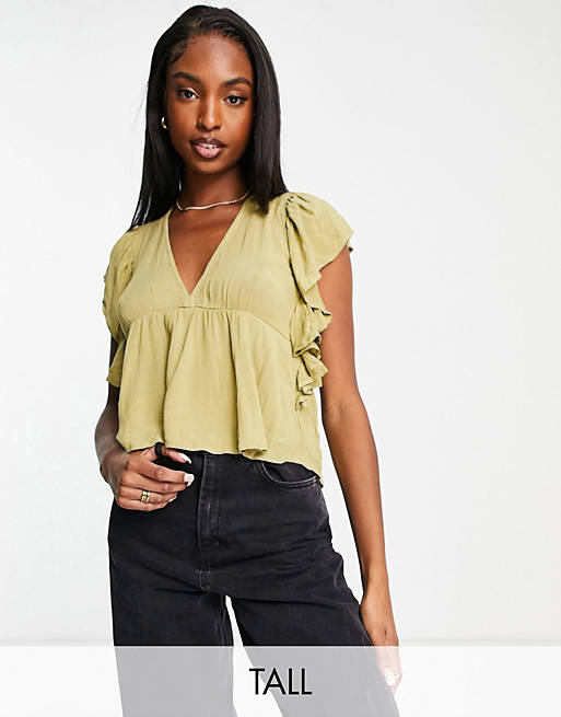 Y.A.S Tall blouse with peplum hem and frill sleeve in green