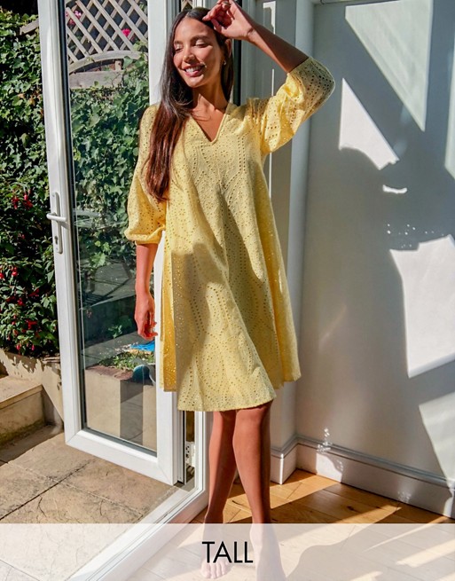 Y.A.S Tall broderie mini dress with puff sleeves in yellow