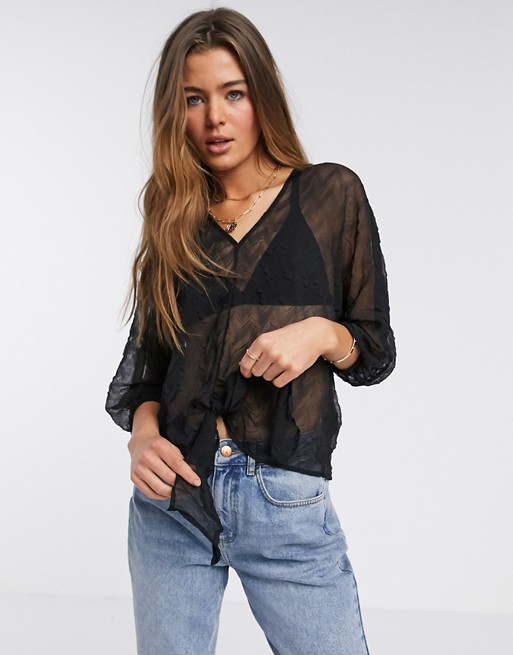 Y.A.S Tall Farah long sleeve tie front crop top
