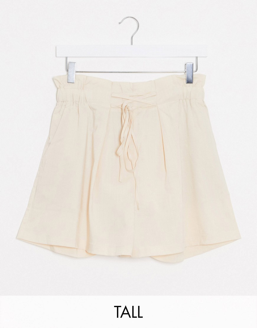 Y.A.S Tall Finella high waisted paperbag waist shorts-Cream