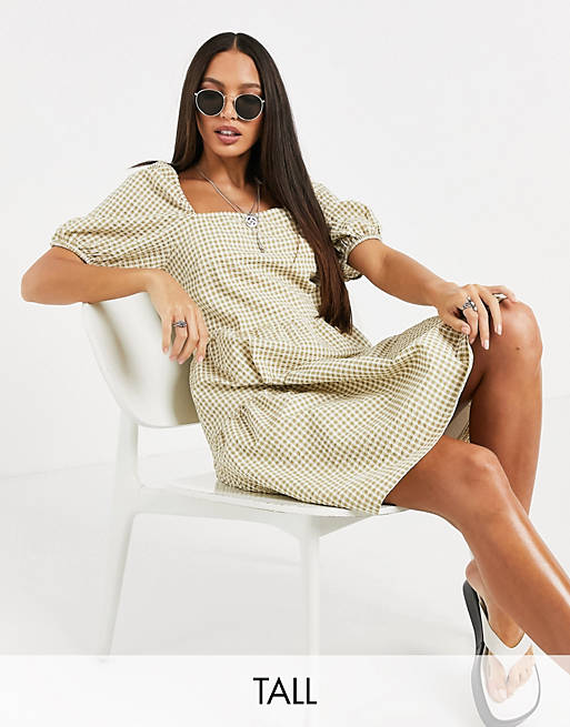 Y.A.S. Tall gingham puff sleeve mini smock dress in sage