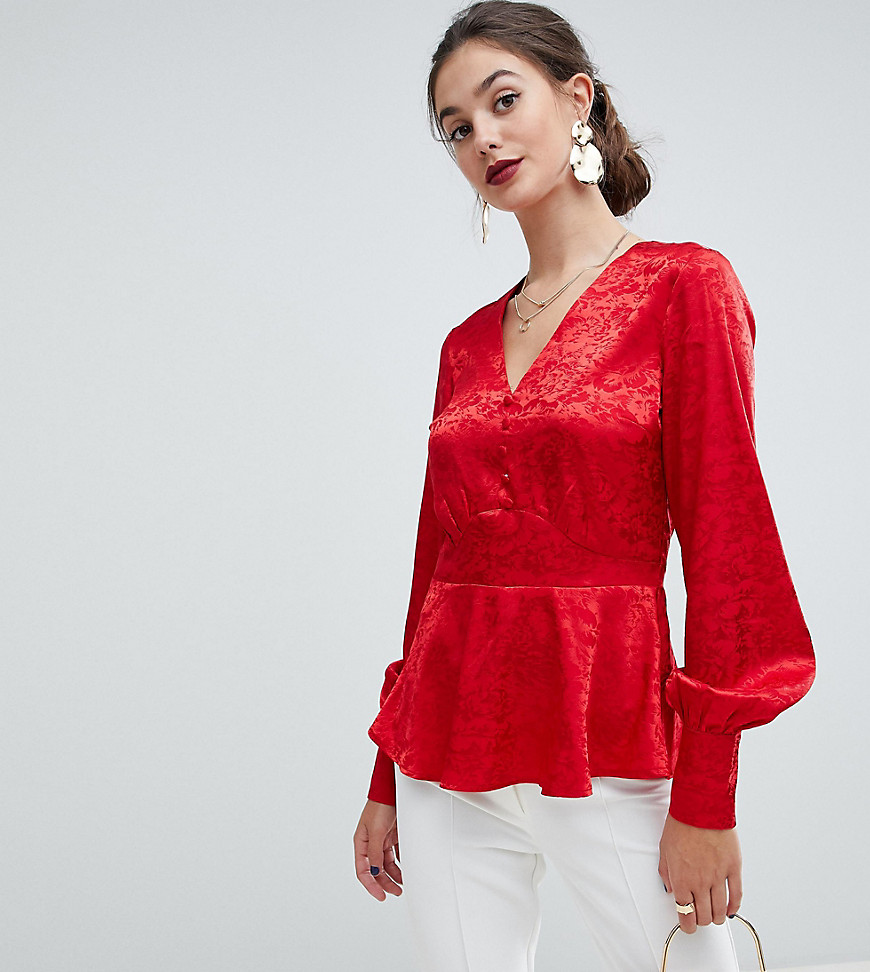 Y.A.S Tall jacquard button through top-Red