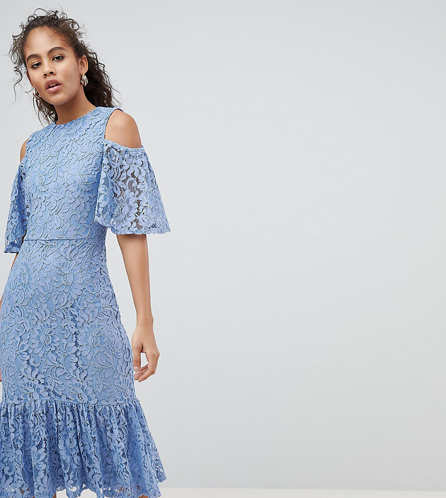 Y.A.S Tall Lace Cold Shoulder Midi Dress-Blue