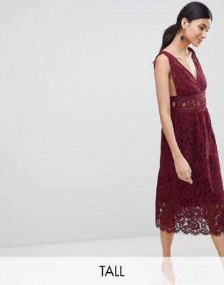 Y.A.S Tall lace midi skater dress in burgundy-Red