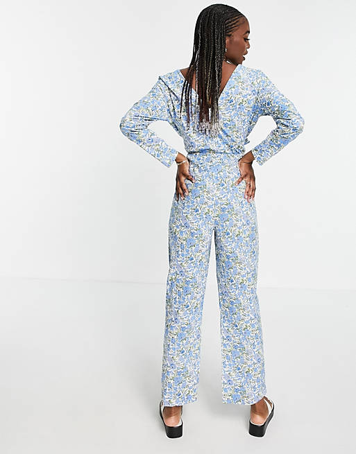  YAS Tall organic cotton wrap floral jumpsuit in blue 