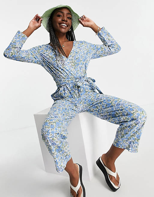  YAS Tall organic cotton wrap floral jumpsuit in blue 