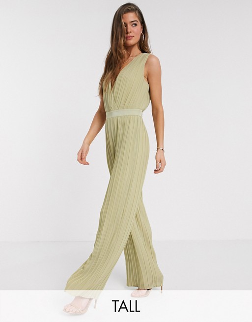 Y.A.S Tall pleated jumpsuit with deep v neck in green