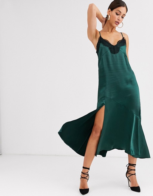 Y.A.S Tall satin midi slip dress with lace trim and side split in emerald