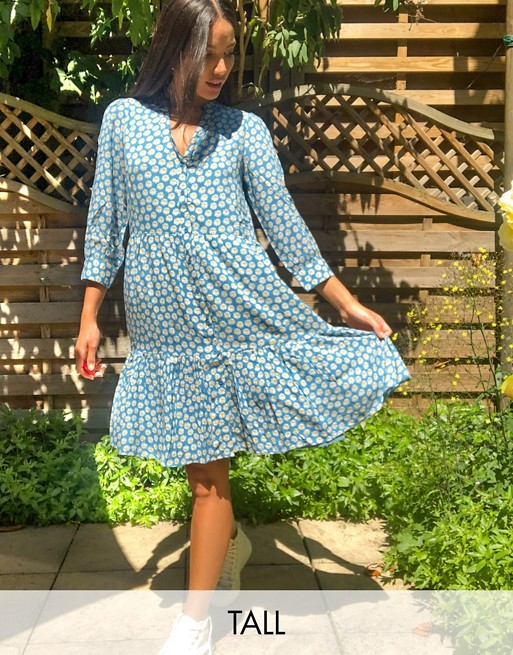 Y.A.S Tall smock dress in blue daisy print