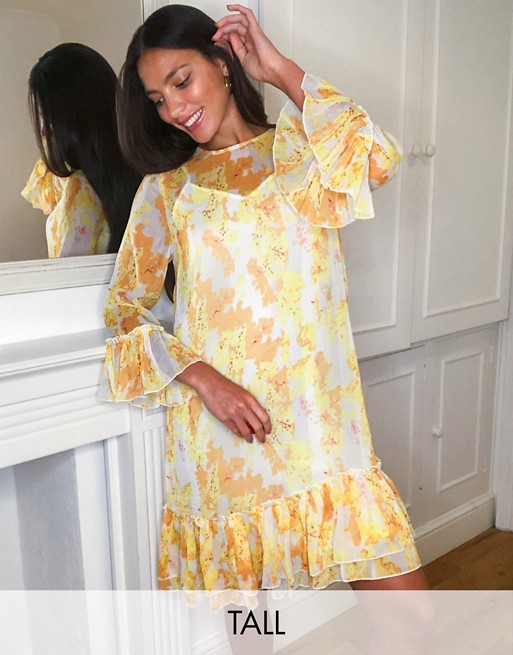 Y.A.S Tall smock dress with mesh overlay in yellow floral