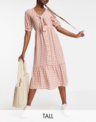Y.A.S. Tall tie front gingham midi dress in red - ASOS Price Checker