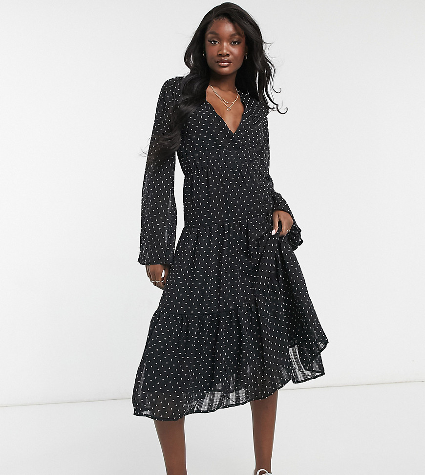 Y. A.S Tall tiered midi dress with v neck in black spot print