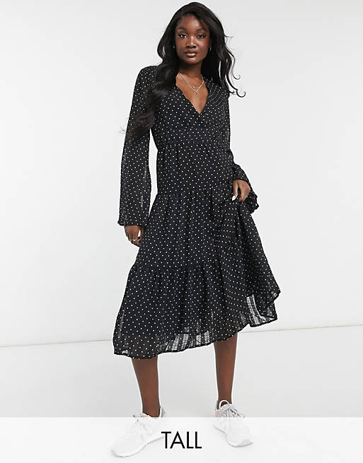 Y.A.S Tall tiered midi dress with v-neck in black spot print
