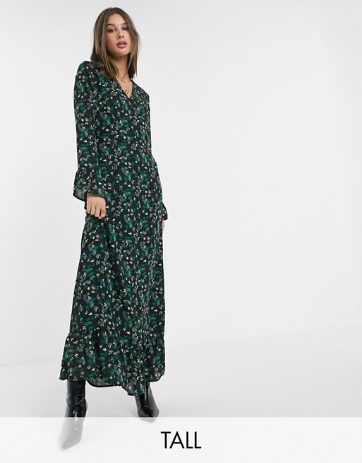Y.A.S Tall wrap maxi dress with ruffle hem in mixed ditsy floral