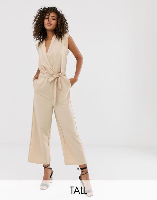 Wide-Leg Sleeveless Cropped Jumpsuit with Wrap Neckline, Regular