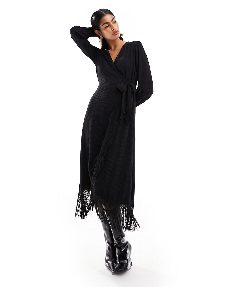 Y. A.S tassel wrap midi dress in black jacquard