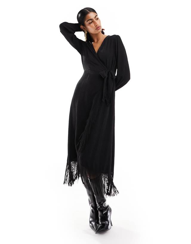 Y.A.S - tassel wrap midi dress in black jacquard