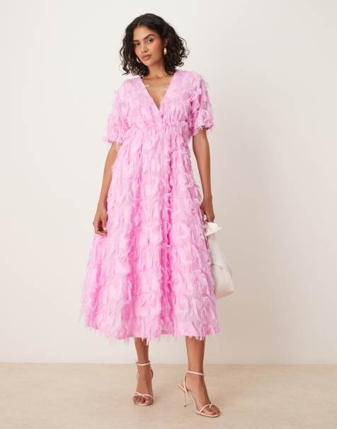 YAS textured v neck midi dress in pastel lavendar