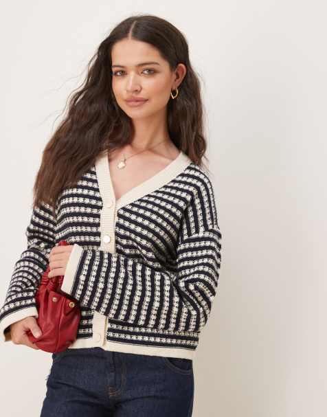YAS textured stripe knitted cardigan in black and cream