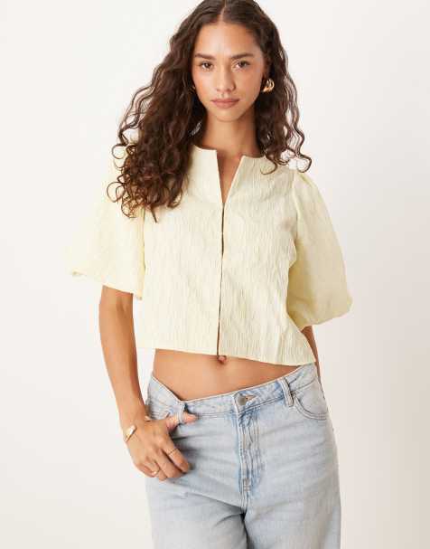 YAS textured blouse with fastening detail in pale yellow - view 1