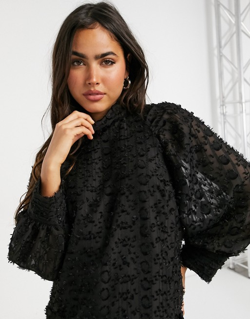 Y.A.S textured blouse with high neck and volume sleeves in black