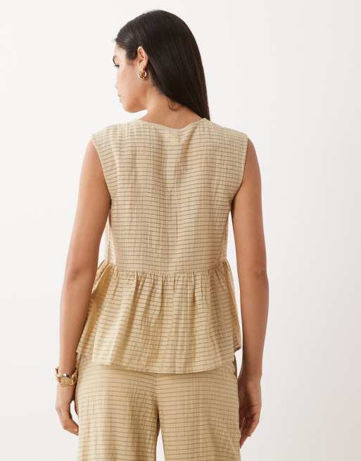 YAS textured check peplum hem top co-ord in beige, 2 of 4