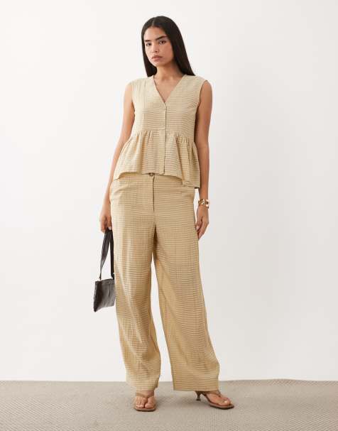 YAS textured check wide leg pants and peplum hem top set in beige - view 1