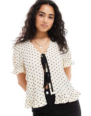 YAS Y.A.S textured dobby tie front blouse in cream and black-Multi