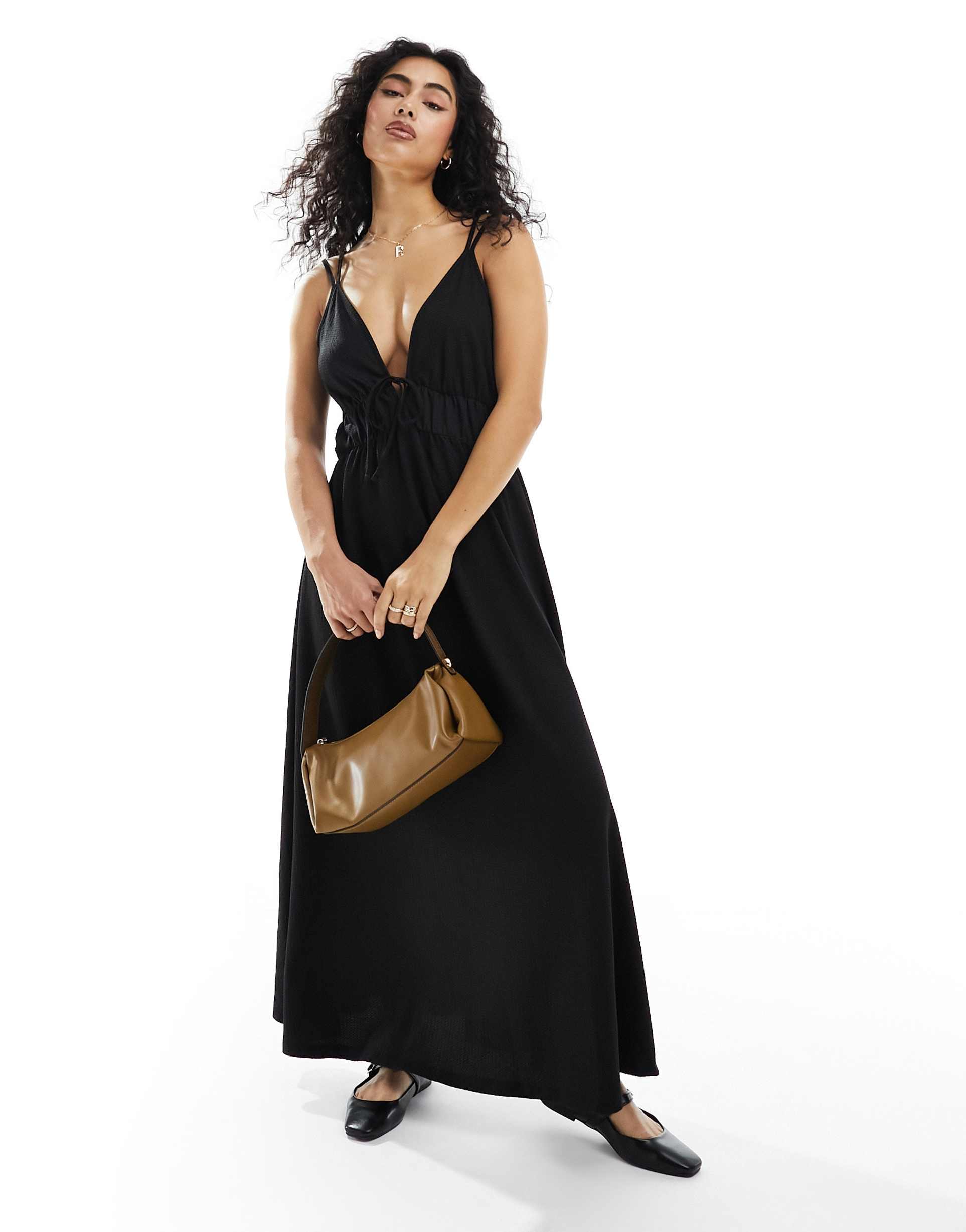 y.a.s textured double strap tie front cami maxi dress in black