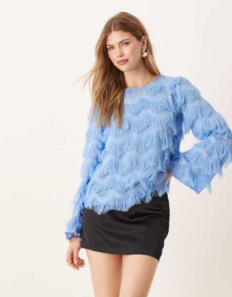 YAS textured flared sleeve blouse in blue - view 1