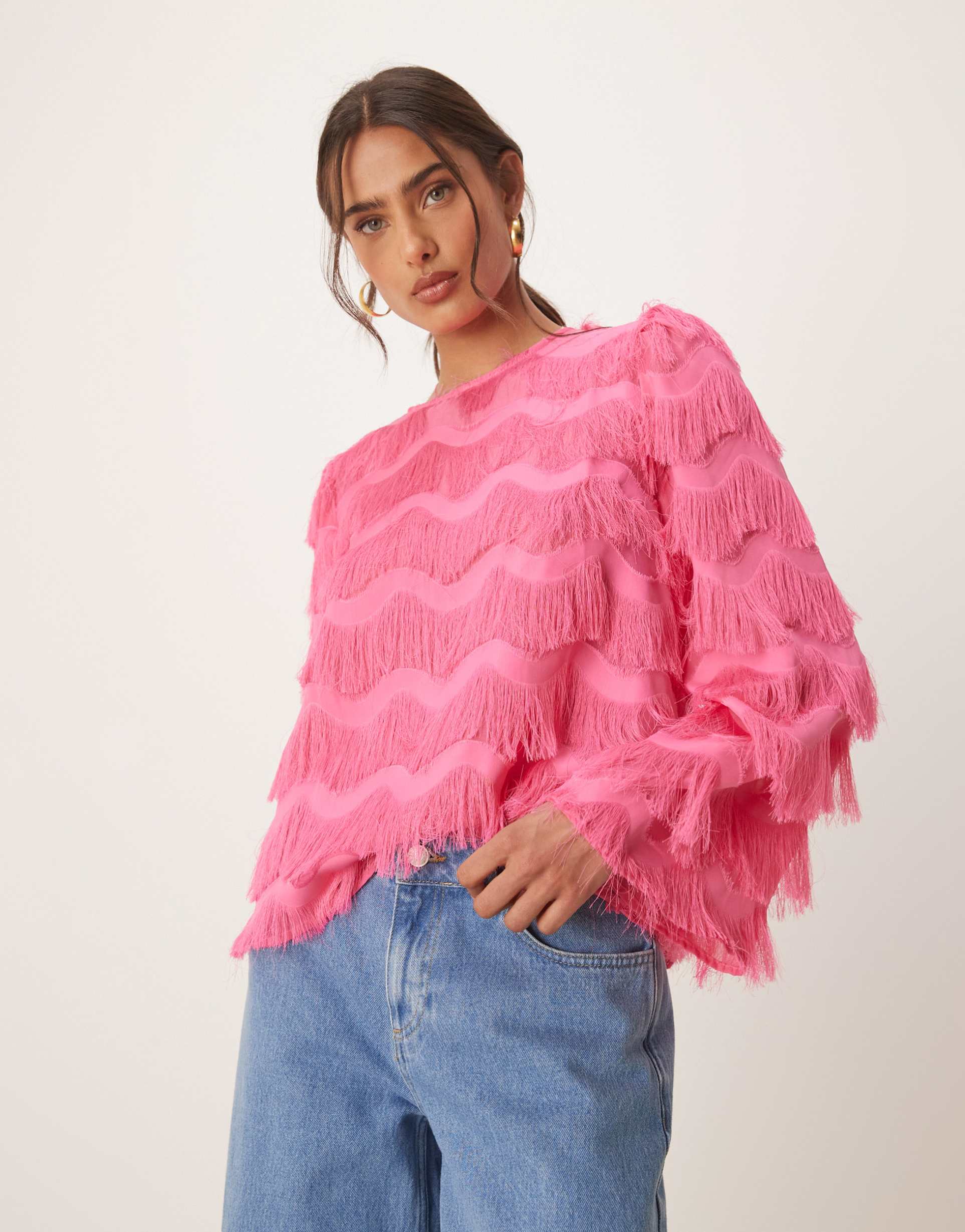 yas textured flared sleeve blouse in pink