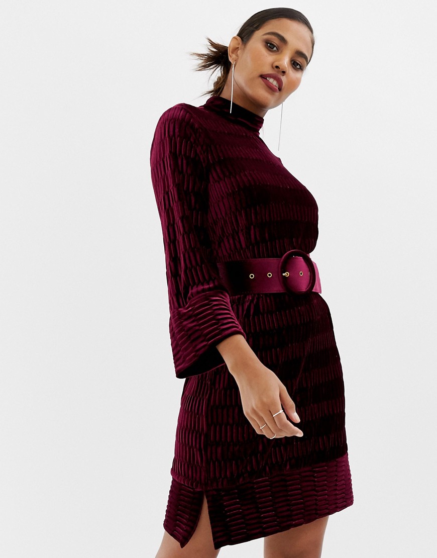 Y.A.S textured high neck mini dress in burgundy