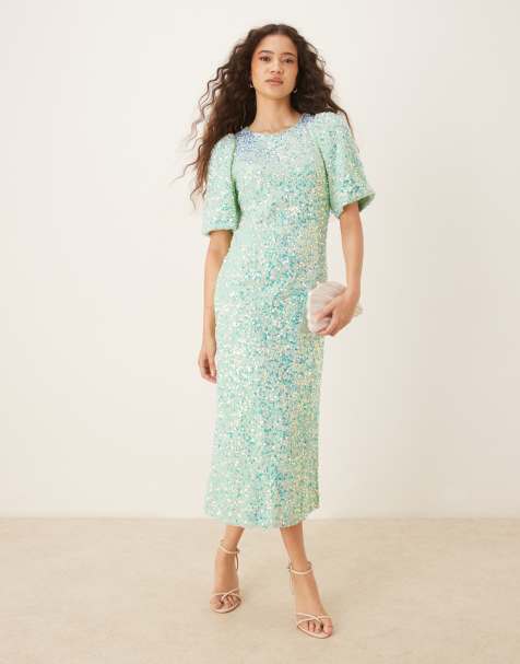 YAS textured iridescent sequin midaxi tea dress in mist green - view 1