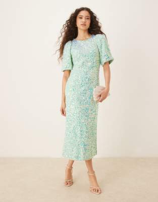 [YAS] YAS textured iridescent sequin midaxi tea dress in mist green 14 Mist green