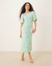 ASOS DESIGN pleat cowl neck satin midi tea dress with puff sleeve in bright pink floral